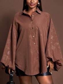 Veslaya 2025新款秋冬女装加大码棕色纹理压花灯笼袖金属纽扣衬衫式连衣裙，适合女士圣诞节/新年/优雅派对/女士优雅着装/日常穿着/宴会/商务女装/机场装/女士感恩节着装 - 棕色 - 查看 1