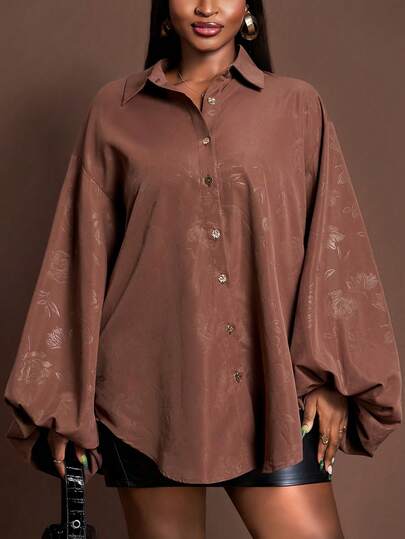 Veslaya Vestido de estilo camisa con botones metálicos, manga farol, textura en relieve con flores, talla grande, para mujeres, color marrón, otoño e invierno 2025. Adecuado para ropa de Navidad/Año Nuevo/Fiesta elegante/Vestimenta elegante diaria/Banquete/Ropa de negocios para mujeres/Vestimenta de aeropuerto/Vestimenta de Acción de Gracias para mujeres