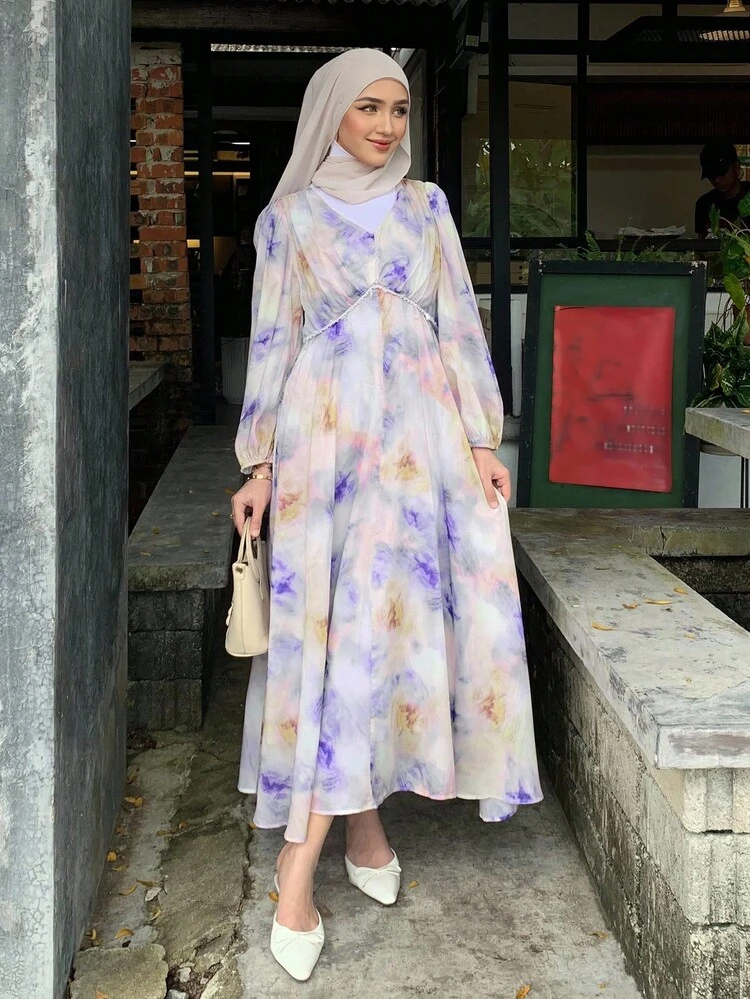 Women's V-Neck Ombre Chiffon Mid-Length Dress, Allover Print, Summer Modest Fashion Boho