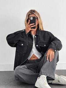 EURMUSE Áo khoác denim hở vai đơn giản hàng ngày - màu đen - Xem 3