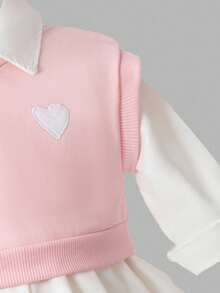 Sweetra 2pcs Baby Girls Casual Black Embroidered Heart Vest And Blue Dress Set - White - View 6