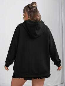 SHEIN CURVE+ 休闲简约豹纹和樱桃印花连帽宽松厚款女士运动衫，秋冬女装，冬季，CURVE PLUS - 黑色 - 查看 5