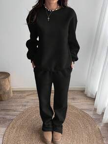 SHEIN Unity Casual Solid Color Fleece Round Neck Sweatshirt And Sweatpants Set, Suitable For Autumn And Winter - Black - View 4