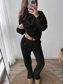 SHEIN Unity Casual Solid Color Fleece Round Neck Sweatshirt And Sweatpants Set, Suitable For Autumn And Winter - Black - View 8