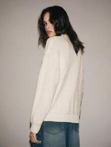 SHEIN LUNE Women's Cream White Autumn Elegant Office Loose Knit Cardigan,White Chrysanthemum Textured Button Up Oversized Sweater,Autumn/Winter Neutral Clothes - White - View 2