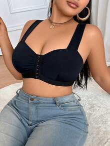 Plus Size Ruched Front Closure Wide Strap Bra - Black - View 4