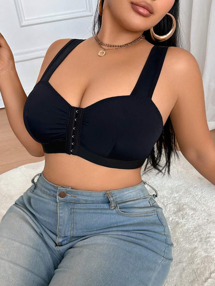 Sujetador de tiras anchas con cierre frontal fruncido para tallas grandes - Negro - Añade 4