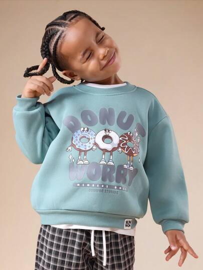 SUMWON Oversized Boys Donut Worry Fun Graphic Crew Neck Sweatshirt Long Sleeve Pullover Casual School Everyday Wear