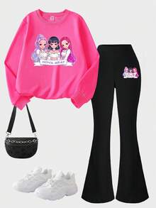SHEIN 两件套女童休闲韩流卡通人物印花连帽衫和黑色打底裤套装，韩流粉丝必备，日常穿着也十分合适，适合秋冬季节。 - 彩色 - 查看 2