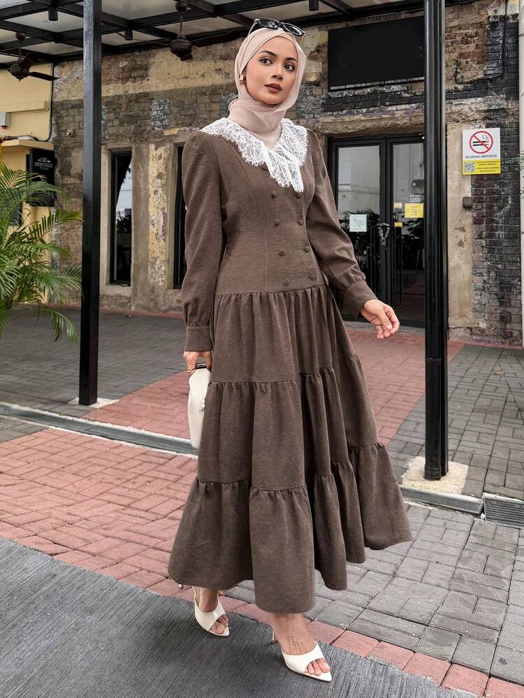 Women's Elegant French Lace Trim Midi Dress Modest Fashion