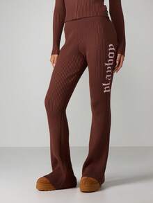 Missguided x Playboy Ribbed Knit Flare Pants With High Rise Waist And Wide Leg Silhouette For Fall Winter Comfort - Coffee Brown - View 1
