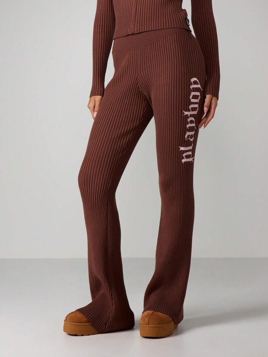 Missguided x Playboy Ribbed Knit Flare Pants With High Rise Waist And Wide Leg Silhouette For Fall Winter Comfort - Coffee Brown - View 1