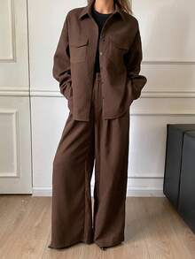 DAZY Set casual da donna composto da camicia con tasche e pantaloni in tinta unita, completo da relax autunnale - Caffè Marrone - Visualizzare 3