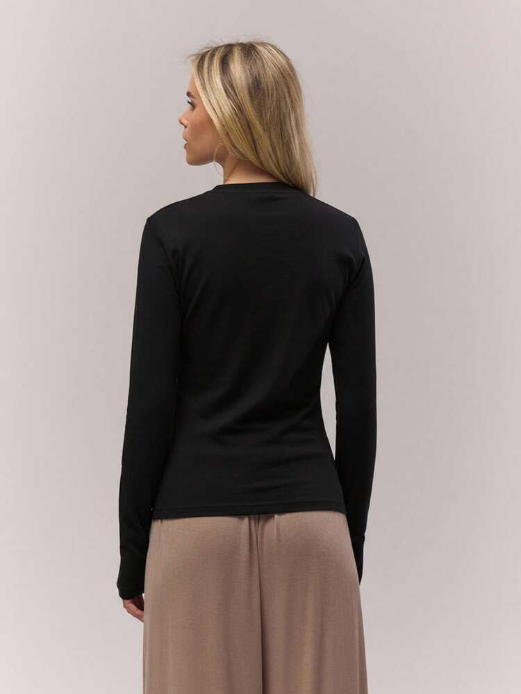 MUSERA Long Sleeve Fitted Graphic Crew Neck Top Old Money Cute Country Cottage Core Clean Girl Winter Casual Lounge For Women Butterscotch Spring Summer - Black - View 3