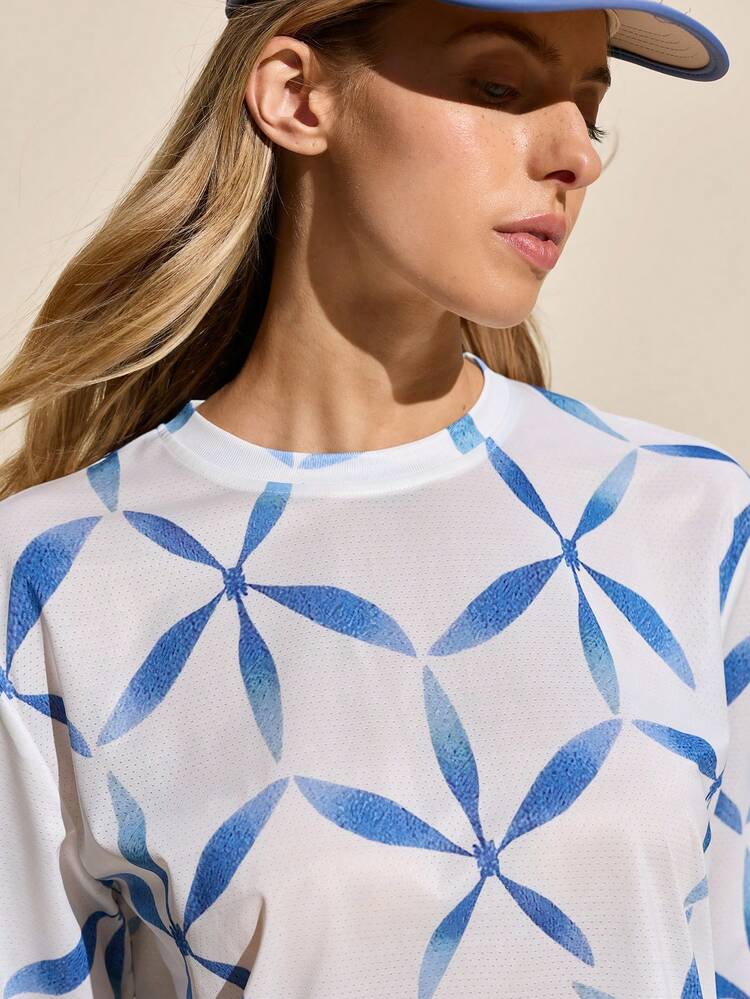 Exploreva 女士休闲透气印花圆领长袖户外T恤，秋季款 - 藍白色 - 查看 1