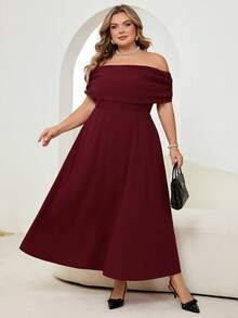 SHEIN CURVE+ 大码女士优雅简约时尚浪漫性感连衣裙，露肩高腰A字伞裙，适合度假、通勤、约会，灰色长款连衣裙 - 紅色 - 查看 6