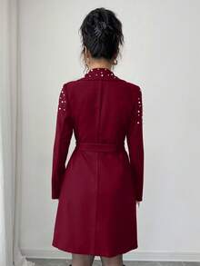 Elenzga 女士珍珠装饰双排扣大衣，收腰设计，优雅百搭，适合日常、通勤、休闲、时尚、法式街头风、复古、派对、商务场合，黑色长袖，秋冬款 - 酒紅色 - 查看 2