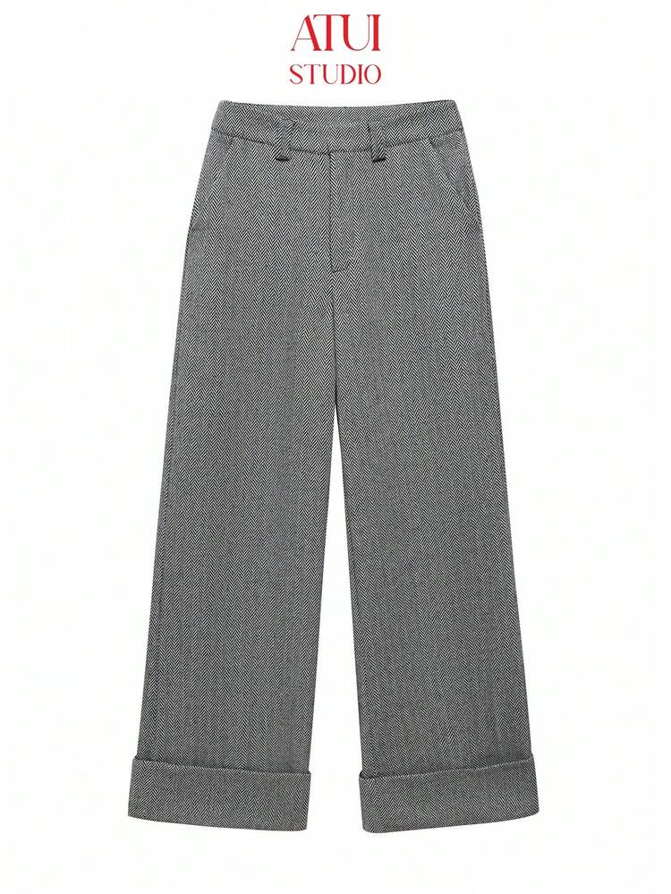 ATUI Studio Pantaloni eleganti a vita alta, tinta unita, con tasche e gamba ampia - Bianco e nero - Visualizzare 2