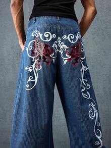 ROMWE MEN Street Life Quần Jeans Denim Cong In Họa Tiết Màu Tương Phản Cho Nam - Màu xanh lam - Xem 2