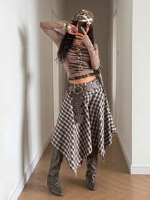 StreetHx 女士时尚不对称下摆格子A字裙 - 彩色 - 查看 6