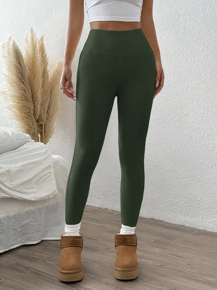 SHEIN EZwear 大码女式纯色休闲高腰保暖内衬打底裤 - 墨綠色 - 查看 4