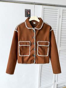 Teen Girl CasualAll-Matchc Versatile Black & White Contrast Trim Collar Large Pocket Jacket, Autumn/Winter - Brown - View 3