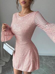 SHEIN Elenzya 女士杏色亮片纹理网纱圆领露背交叉系带A字裙，微透袖设计，优雅高品质，生日礼物，派对鸡尾酒会婚礼宾客装扮，独立日网络星期一万圣节光棍节返校派对 - 粉色 - 查看 6