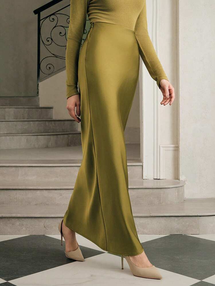 Women's Olive Green Satin Texture Skirt, New Arrival For Autumn
