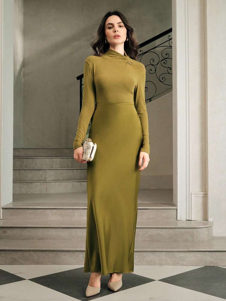 Women's Olive Green Satin Texture Skirt, New Arrival For Autumn
