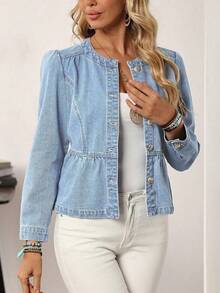EMERY ROSE Women's Solid Color Ruffle Hem Front Button Long Sleeve Denim Jacket