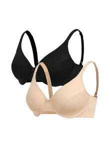 Ocili 2 件大码女士纯色蝴蝶结装饰时尚文胸无衬垫，黑色和杏色 - 彩色 - 查看 6