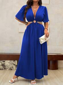 Roveilla Plus Size Women's Solid Color Deep V-Neck Ruffle Sleeve Slit Hem Elegant Dress Maxi Women Outfit - Royal Blue - View 3