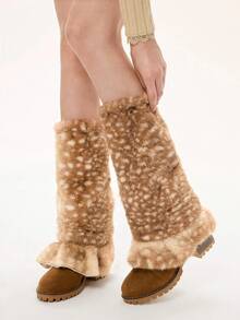 ROMWE Fairycore 1 Pair Cute Minimalist Vintage Casual High-Quality High-Fashion Beige Fuzzy Polka Dot Deer Print Animal Pattern Warm Lace Leg Warmers Loose Leg Warmers Set, Suitable For Women/Girls Daily Wear, Holiday Gift - Camel - View 2