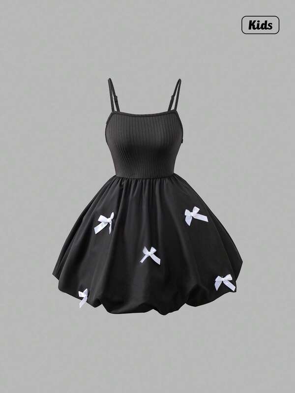 Sweetra 青少年女孩吊带束腰可爱蝴蝶结装饰泡泡袖裙子