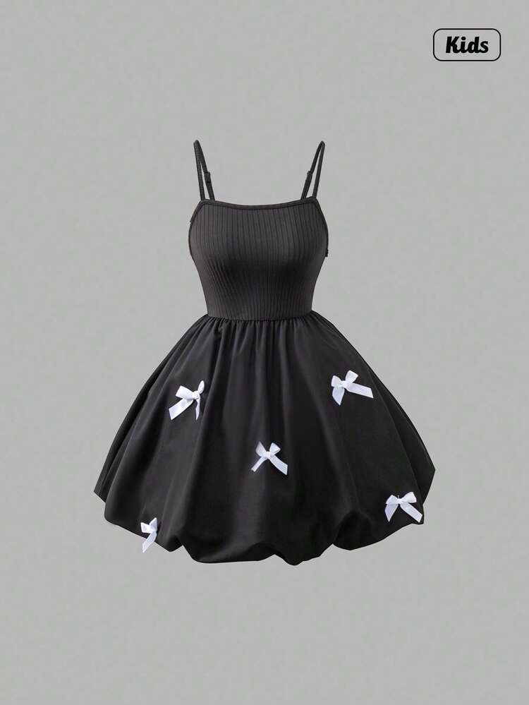 Sweetra 青少年女孩吊带束腰可爱蝴蝶结装饰泡泡袖裙子 - 黑色 - 查看 1