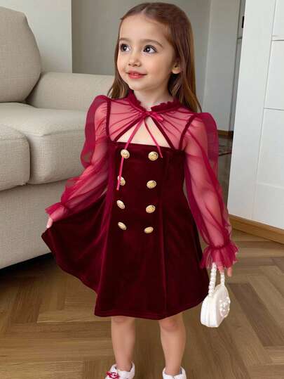 SHEIN Vestido casual de niña con cuello alto, manga abullonada y malla de contraste tejida