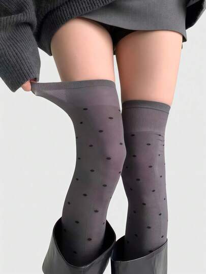 Kawaii 1 Paar dunkelgraue, minimalistische Overknee-Socken im Y2K-Retro-Stil mit Polka-Dots im Pop-Art-Look. Geeignet für Schule, Lässig, Pendeln, Dating und mehr.