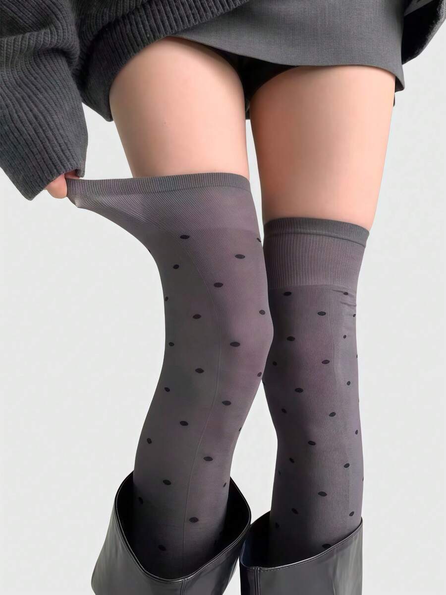 ROMWE Kawaii 1 Đôi tất dài đến gối họa tiết chấm bi Y2K Retro theo phong cách Pop Art tối giản màu xám đậm dành cho nữ, thích hợp cho đi học, thường ngày, đi làm, hẹn hò, v.v. - Màu xám đen - Xem 1