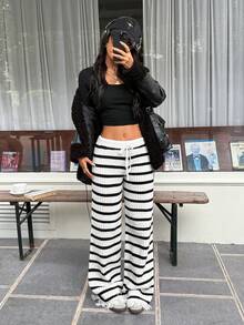 SHEIN EZwear 女式黑白条纹流苏下摆针织裤 - 黑與白 - 查看 1