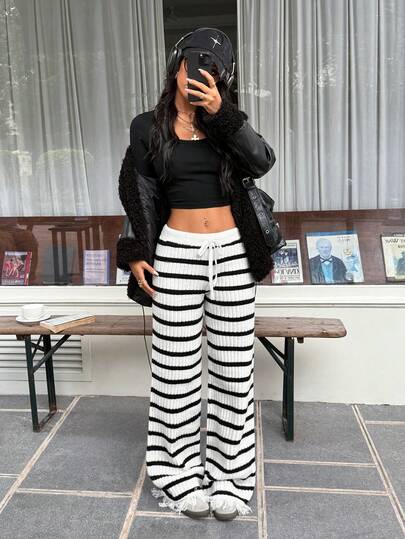 SHEIN EZwear 女式黑白条纹流苏下摆针织裤
