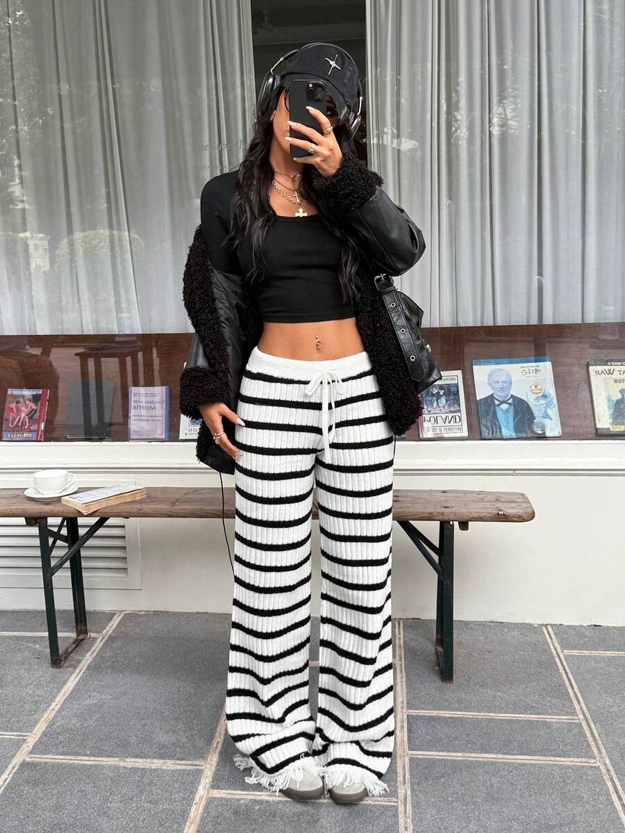 SHEIN EZwear 女式黑白条纹流苏下摆针织裤 - 黑與白 - 查看 1