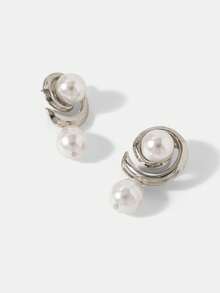 MOTF PREMIUM PENDIENTES DE PERLAS FALSAS SENCILLOS Y VERSÁTILES PARA MUJER, ESTILO CASUAL ELEGANTE - Plateado - Ver 7