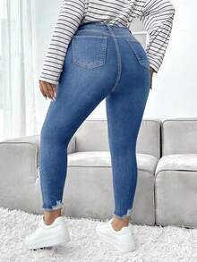 SHEIN ICON Plus Size Casual Distressed Slim Fit Denim Jeans - Medium Wash - View 2