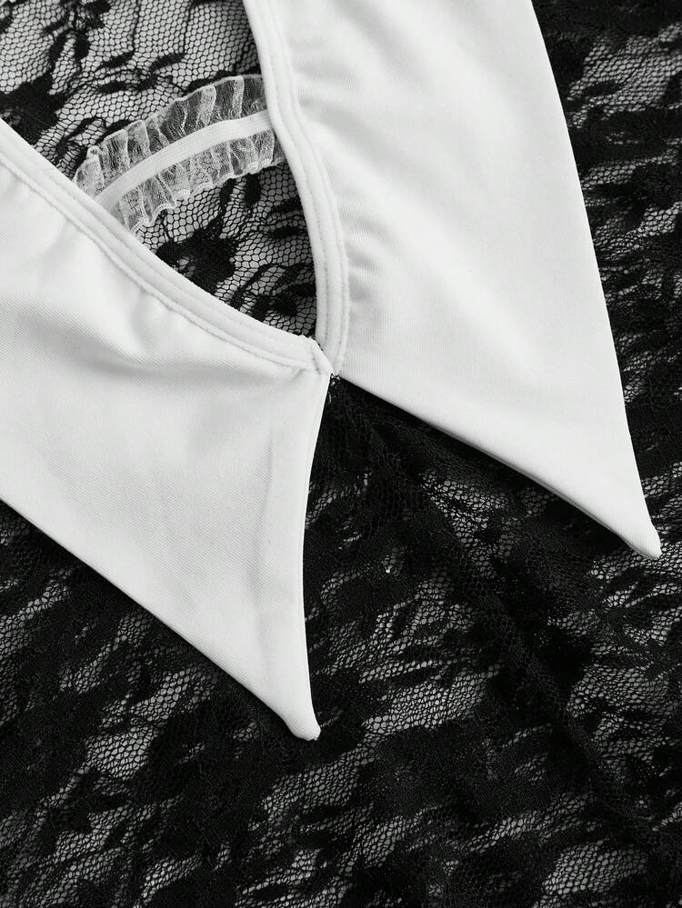 大码撞色蕾丝拼布性感内衣紧身衣 - 黑與白 - 查看 6