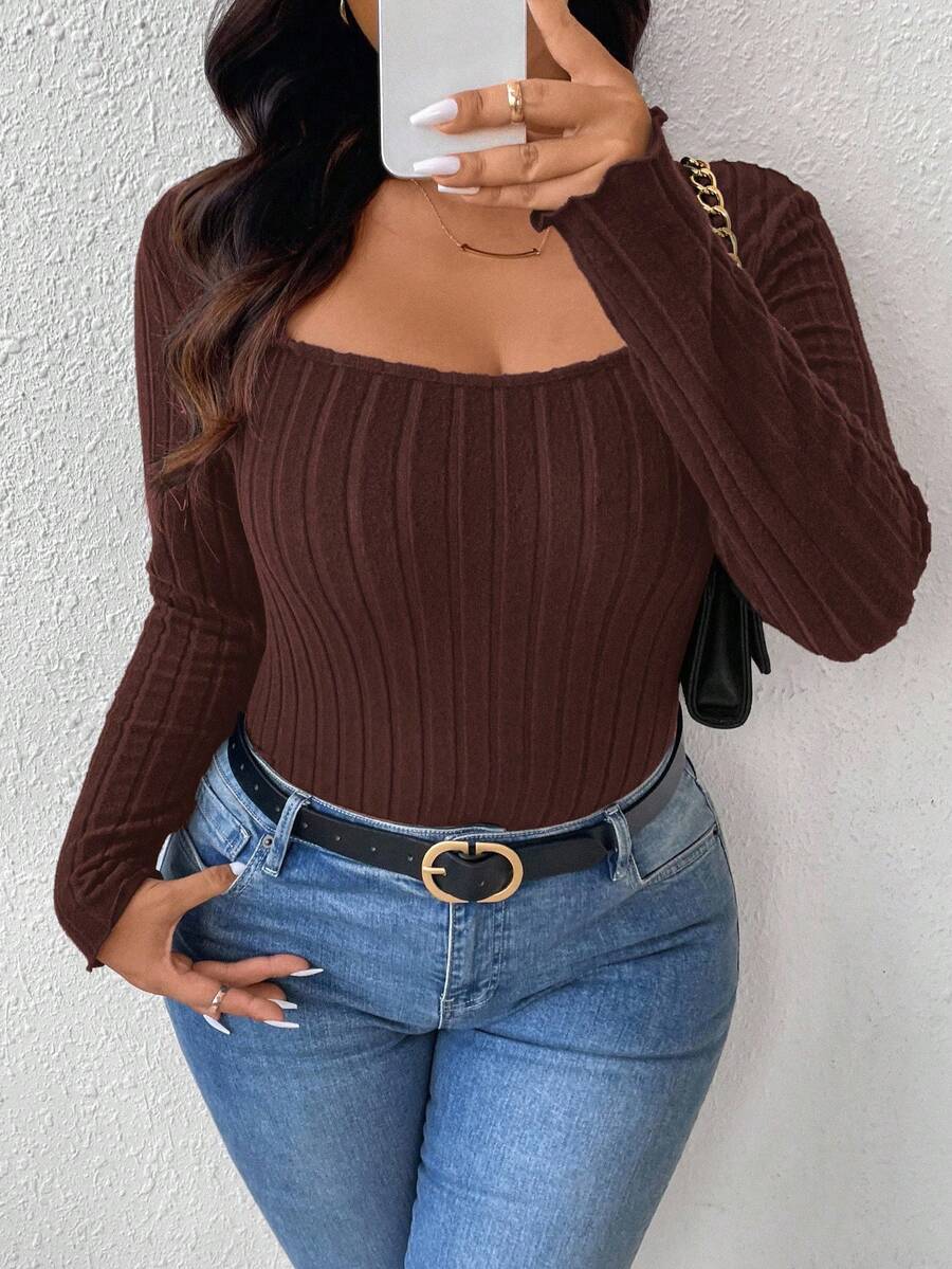 SHEIN Frenchy Plus Size Casual Ribbed Crew Neck Fitted T-Shirt/Winter - Brown - View 1