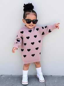 少女爱心印花圆领可爱长袖休闲连衣裙，秋冬款 - 藕粉色 - 查看 6