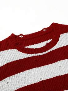 PAVTROS 男士休闲撞色条纹做旧毛衣，秋冬条纹针织套头衫，长袖上衣 - 紅白色 - 查看 3