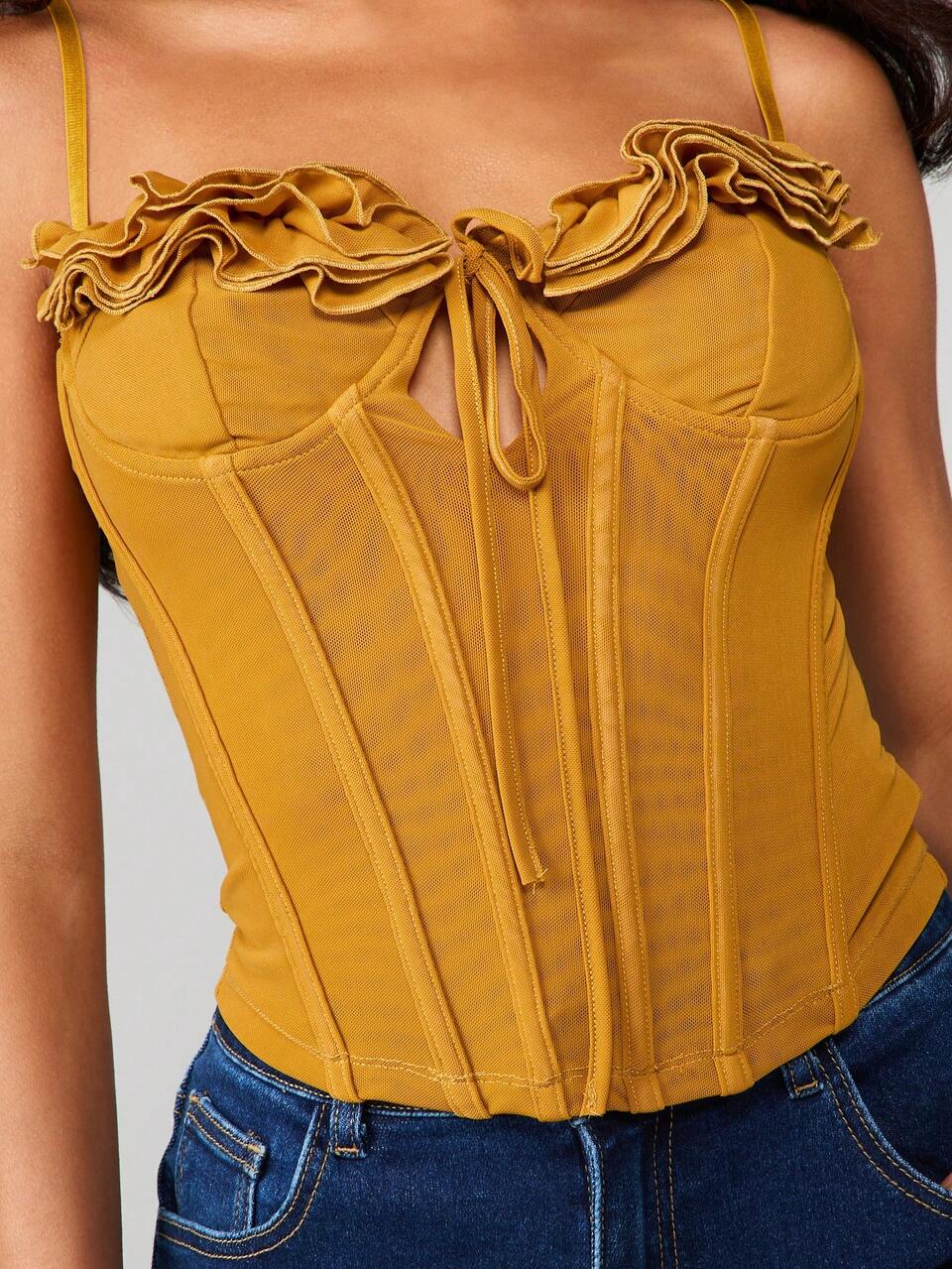 MISSGUIDED Top Corpete com Babados Amarelo Mostarda com Alças Ajustáveis, Bodysuit para Festival de Verão