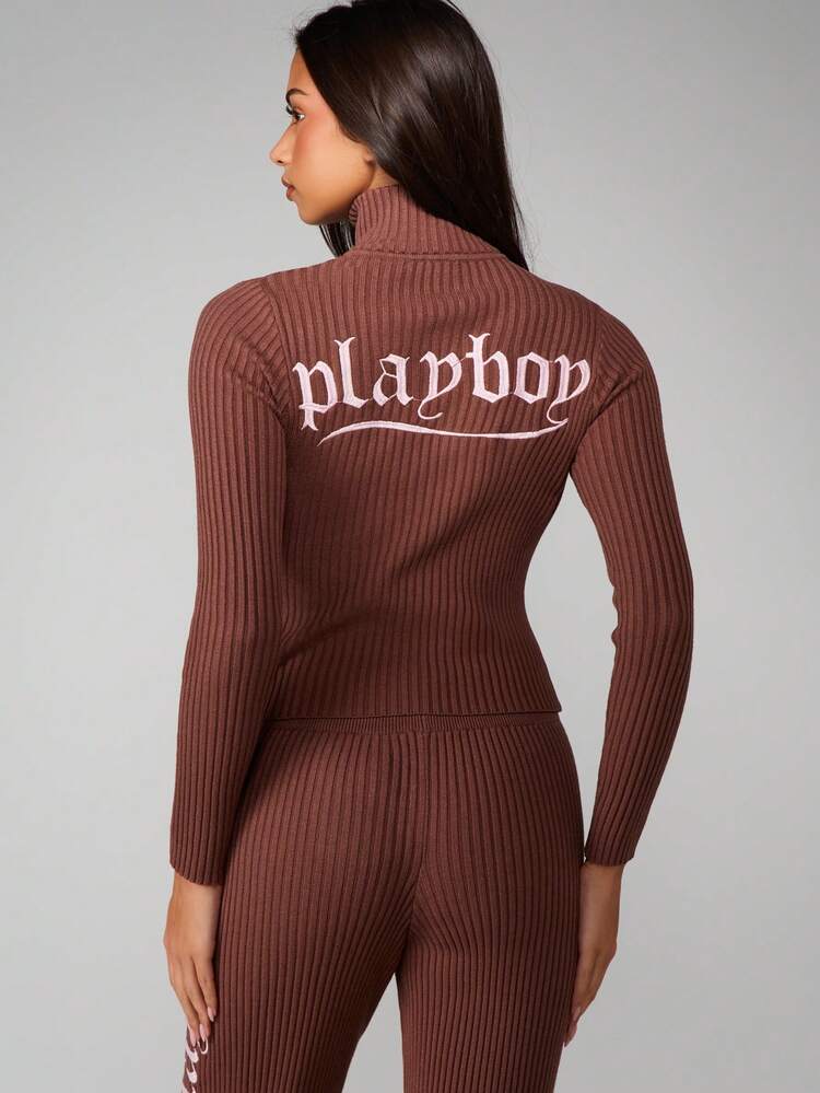 Missguided x Playboy Ribbed Knit Zip Up Cardigan With Logo Print Fall Winter Lightweight Jacket