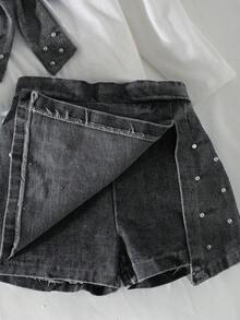 Elladie kids 女童休闲时尚日常街头风圆领长袖蝴蝶结珍珠设计T恤搭配高腰牛仔短裙，返校穿搭，四季皆宜 - 黑與白 - 查看 5